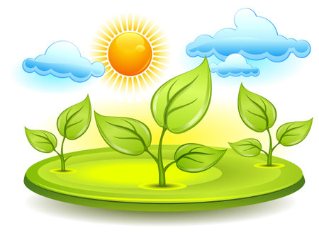 Landscape with fresh grass, plants and sky, illustration in greenのイラスト素材