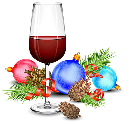 Christmas wine glass, cones, green branch, ball and ribbon, isolated on whiteのイラスト素材