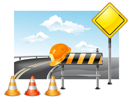 Road warning cone, sign for construction works and helmetのイラスト素材