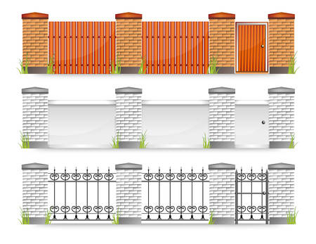 Set of modern fences with gate and grass,  illustrationのイラスト素材