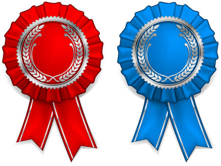 Award red and blue rosettes with arms and ribbonsのイラスト素材