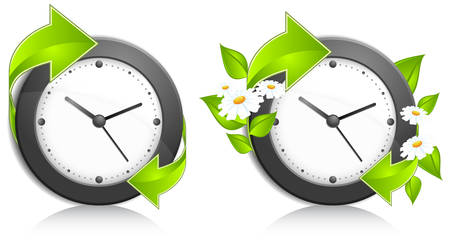 Business concept, office wall clock with green arrows and flowers, vector illustration  のイラスト素材