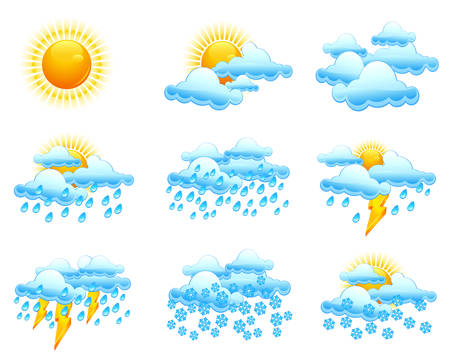 Weather icons, forecast emblems on white, illustration のイラスト素材