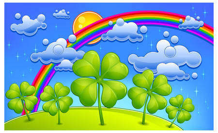 Clovers under rainbow, cartoon landscape, vector illustration for St. Patrick's dayのイラスト素材