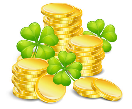 Golden coins with four leaf clover のイラスト素材