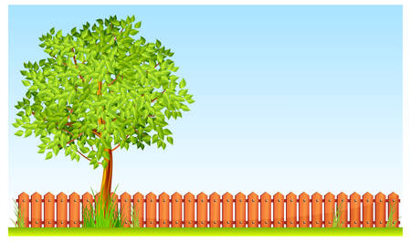 Green tree with grass and fence under blue skyのイラスト素材
