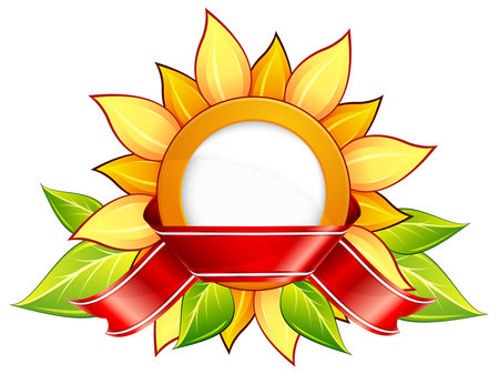 Label design with sunflower & leafs and red ribbon, vector illustrationのイラスト素材