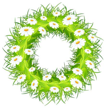 Round wreath of flowers green leaves on white background  のイラスト素材