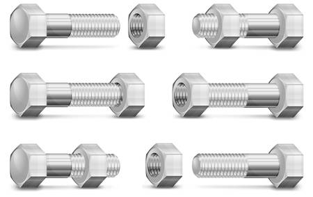 Set of different size metal bolts and nuts isolated on white, vector illustrationのイラスト素材