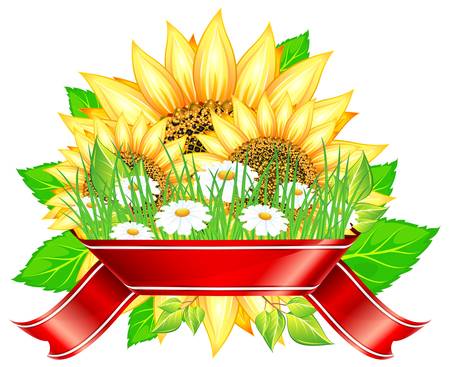 Label design with sunflower & leafs and red ribbon and white flowers, vector illustrationのイラスト素材