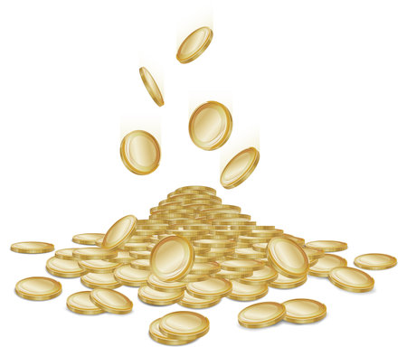 Rain of falling gold money coins on white.のイラスト素材