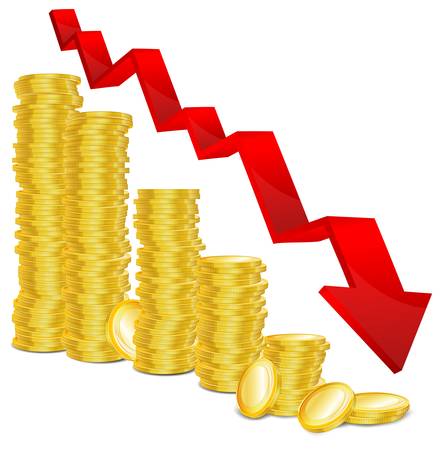 Diagram of golden coins and red arrow down on white background, vector illustrationのイラスト素材