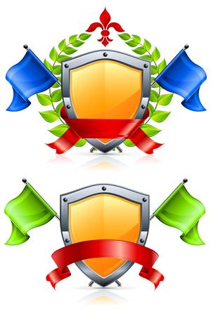 coat of arms with shield, triangular flags, wreath, ribbon and lily on white, vector illustrationのイラスト素材