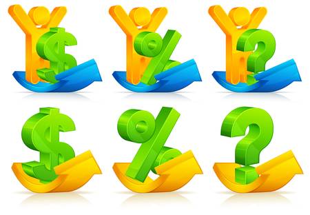 Person, question, exclamation, percent and dollar sign on arrows, vector illustration のイラスト素材