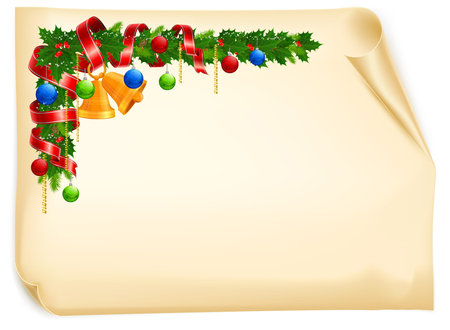 Christmas angle garland with bell, ball and ribbon on old paper roll, vector illustration のイラスト素材
