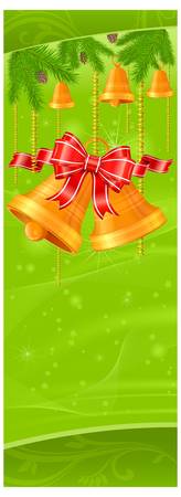Christmas decoration with fir trees, bells, and bow on green.のイラスト素材
