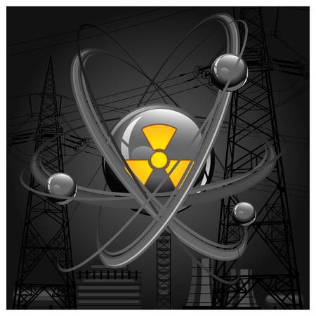 Central nucleus surrounded by electrons on construction background in blackのイラスト素材