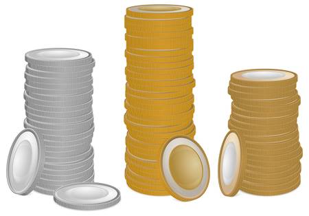 Stacks of gold and silver money coins on white, vector illustration のイラスト素材