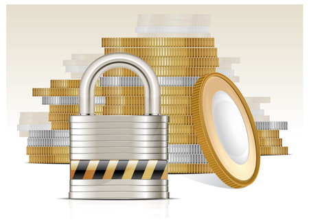 Stacks of gold money coins and lock on white, vector illustration のイラスト素材