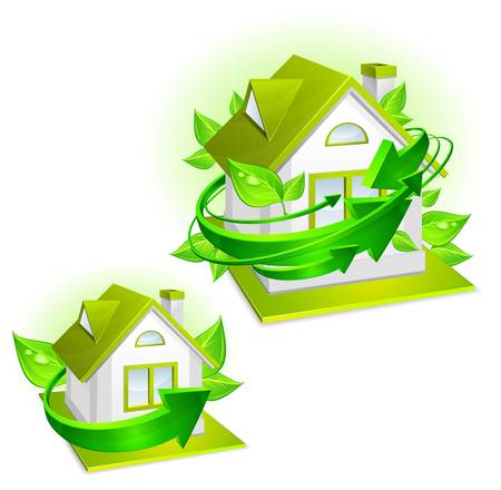 Ecology protection, model of house with green arrows, environment concept, illustrationのイラスト素材