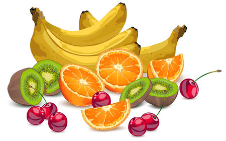 Set of fruits, bananas, oranges, kiwi, cherriesのイラスト素材