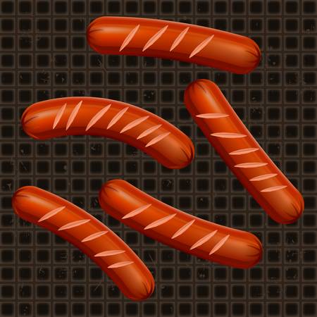 Fried sausages on pan, food ingredientsのイラスト素材