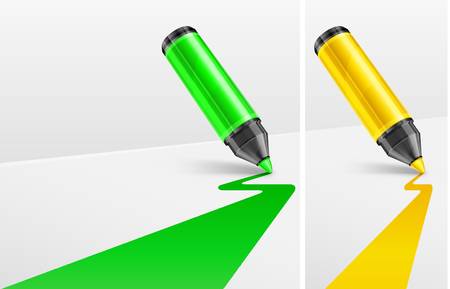 Green and yellow markers, felt tip pen with line on white, vector illustration のイラスト素材