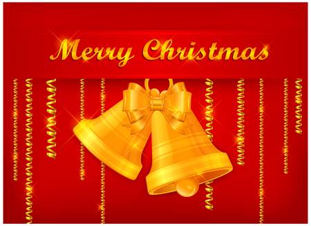 Gold bells with ribbon on red background   textのイラスト素材