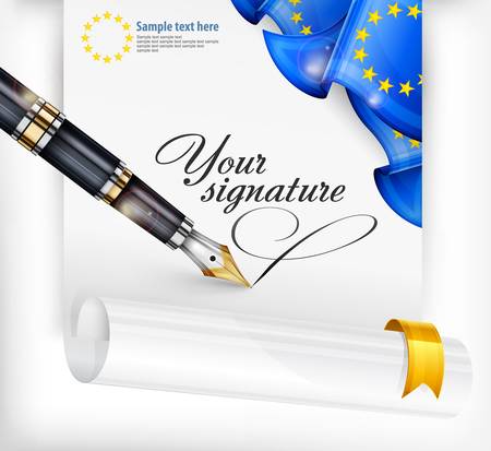 Euro blank, paper sheet with national flag, fountain pen and text, vector illustrationのイラスト素材