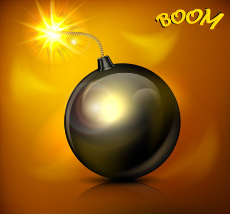 Round black bomb with burning cord, vector illustrationのイラスト素材