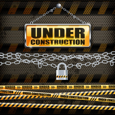 Under construction sign yellow and lock on black background, vector illustrationのイラスト素材