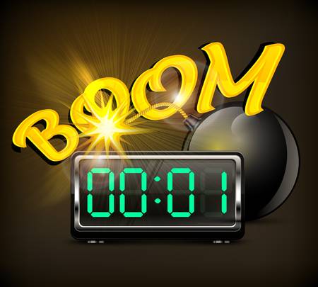 Round black bomb with burning cord and timer, vector illustrationのイラスト素材