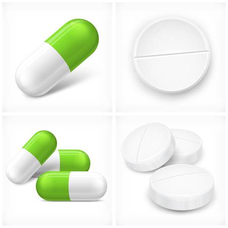 Different pills, tablet and capsule, on white, vector illustrationのイラスト素材