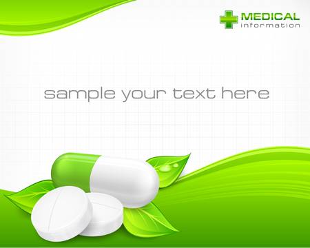Pills, tablet and capsule with text on natural background, vector illustrationのイラスト素材