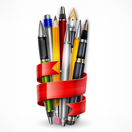 Pens and pencils tied with red ribbon on white, vector illustrationのイラスト素材