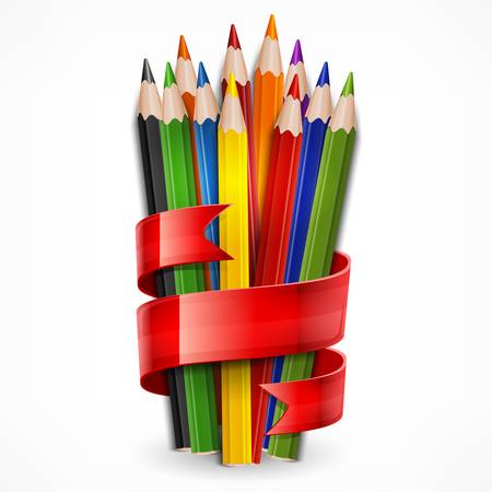 Colored wooden pencils tied with red ribbon on white, vector illustrationのイラスト素材