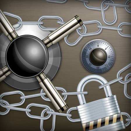 Safe combination lock wheel and chain backgroundのイラスト素材