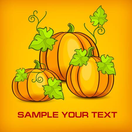 Big pumpkins with green leaves on yellow, Halloween illustrationのイラスト素材