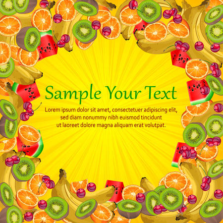 Fruit frame yellow, orange, banana, cherry, kiwi and watermelon, illustrationのイラスト素材