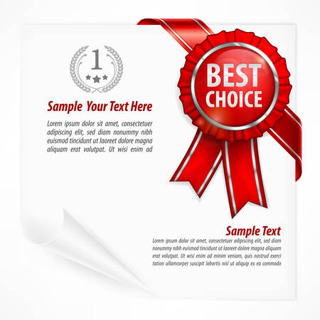 Red award label with ribbon on white paper sheet & text, vector illustrationのイラスト素材