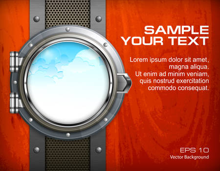Boat round porthole seascape on wooden background, vector illustrationのイラスト素材