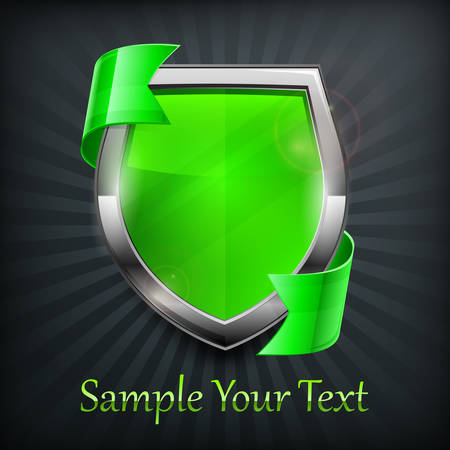Protection green shield with ribbon on black, vector illustrationのイラスト素材