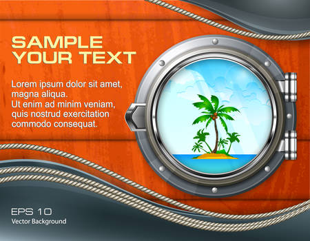 Boat round porthole seascape with palm on wooden & text, vector illustrationのイラスト素材