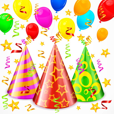 Party hats, serpentines, balloons and stars, vector illustrationのイラスト素材