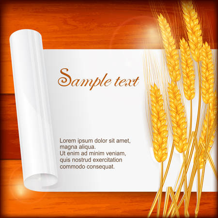 Ripe ear wheat with sheet of paper on wooden, vector illustrationのイラスト素材
