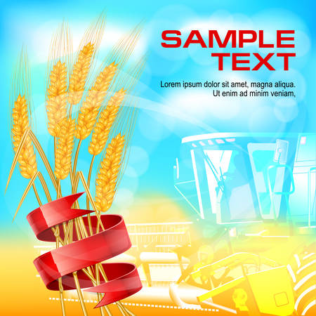 Ripe ear wheat with red ribbon, agricultural vector illustrationのイラスト素材
