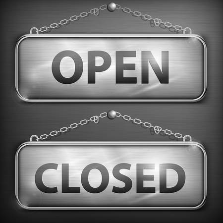 Iron sign hanging open closed with chain, vector illustrationのイラスト素材