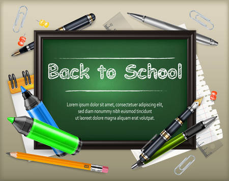 School blackboard with inscription back to school and stationery, vector illustrationのイラスト素材