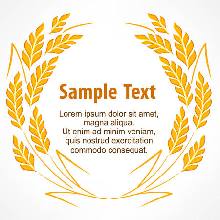 Wreath of stylized wheat ears on white and text, agricultural vector illustrationのイラスト素材