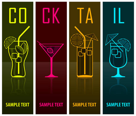 Four cocktail silhouettes on dark & text, vector illustrationのイラスト素材
